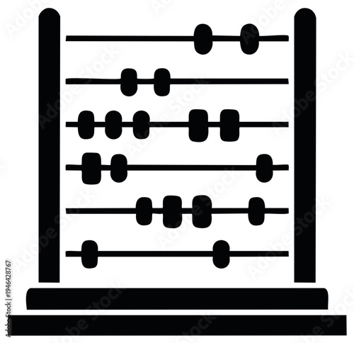 Detailed black vector silhouette of a traditional abacus with multiple beads and wires, illustrating calculation and math concepts.