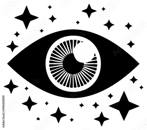 Abstract Eye Silhouette Surrounded by Sparkling Stars and Celestial Elements
