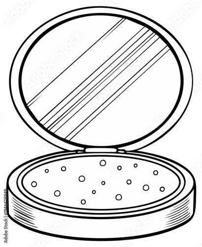 Open compact powder case illustration with mirror and cosmetic powder, black and white