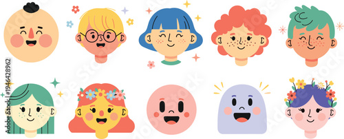 Cute cartoon children faces collection with diverse kids avatars different hairstyles emotions and accessories colorful flat vector character illustration