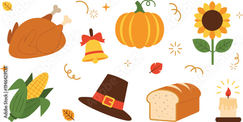 Thanksgiving autumn harvest elements set with roasted turkey pumpkin sunflower corn bread candle bell and pilgrim hat flat vector illustration