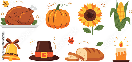 Thanksgiving autumn harvest elements collection with roasted turkey pumpkin sunflower corn bread candle bell and pilgrim hat flat vector illustration