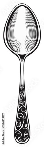 Black and white vintage style spoon with ornate patterned handle illustration design