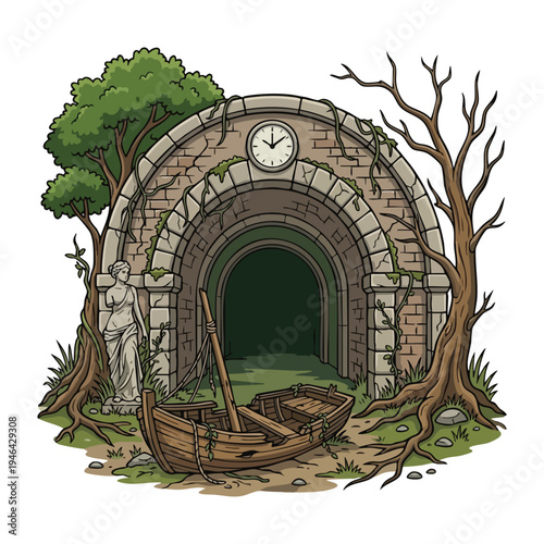 Abandoned Stone Archway with Old Boat and Statue