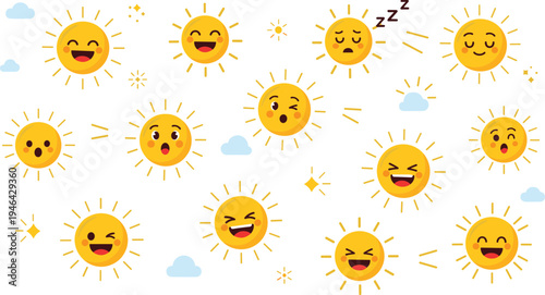 Cute cartoon sun characters collection with different facial expressions smiling laughing sleepy and surprised weather icons flat vector illustration set