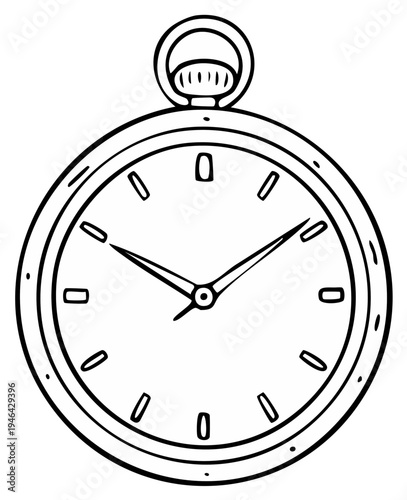 Illustration of a classic pocket watch, detailed black and white design
