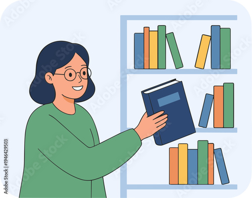 Woman reading book on shelf in library with books and illustrations