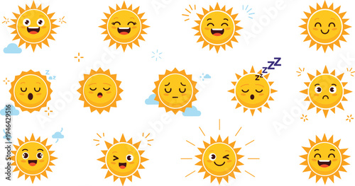 Cute cartoon sun characters collection with different facial expressions smiling sleepy happy weather icons colorful flat vector illustration set