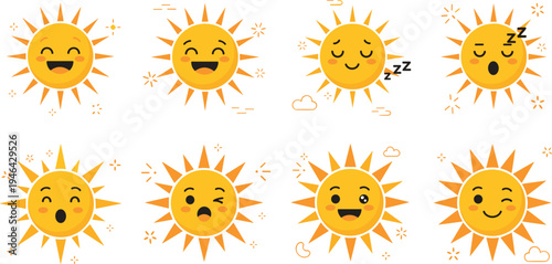 Cute cartoon sun characters set with smiling sleepy surprised happy expressions bright summer weather icons flat vector illustration collection