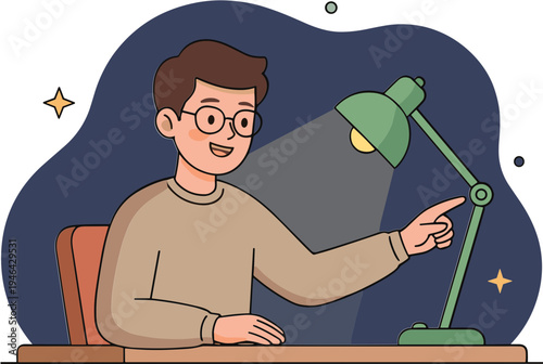Man sitting at desk pointing at green desk lamp indoors