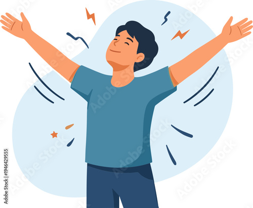 Man celebrating with arms outstretched in joyful Emotions surrounded by confetti