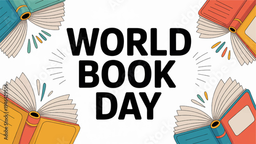 World book day celebration with colorful books and text on white background
