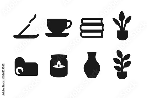 Japandi Icons Collection. Japandi Living Accents. Filled icon set of Japandi Living Accents: incense holder,