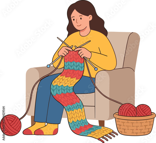 Woman sitting on chair knitting colorful sock with yarn balls nearby indoors
