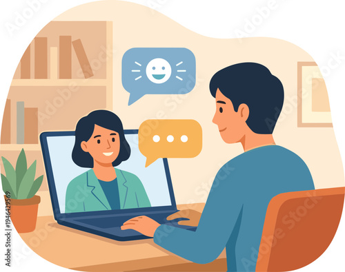 Two people communicate through a laptop in an indoor setting with happiness.