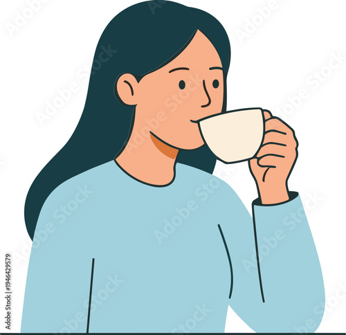 Woman enjoys a cup of coffee in a casual setting indoors.