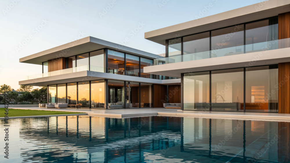 Fototapeta premium Modern Luxury House With Large Swimming Pool And Glass Windows For Real Estate Concepts
