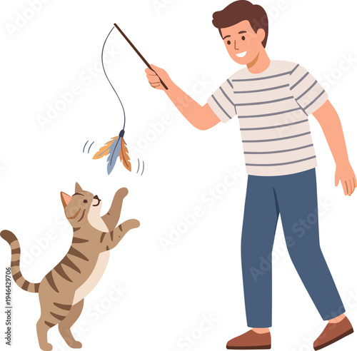 A man plays with a curious cat using a toy on a string indoors.
