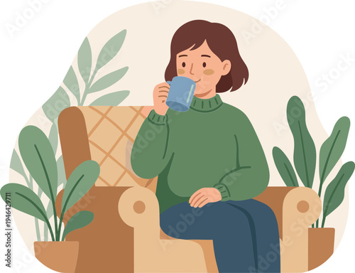 Woman sitting on sofa drinking coffee with plants around