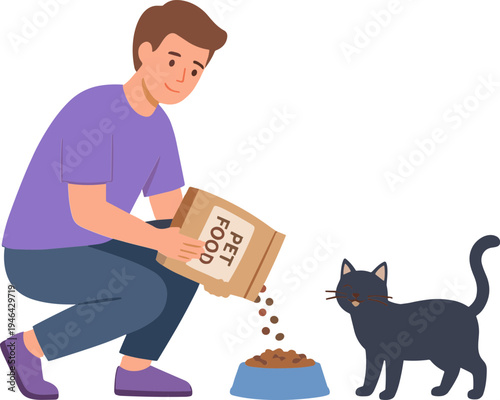 Man pouring pet food from a bag into a bowl for a black cat indoors