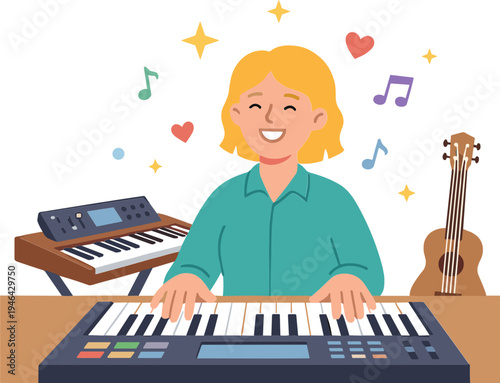 Woman playing electronic keyboard with guitar and musical notes around her