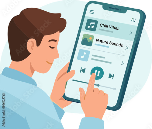 A man listens to nature sounds on his phone in a relaxed environment