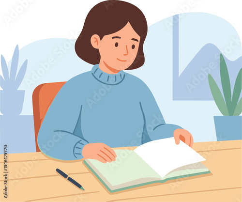 Woman studies book sitting desk indoors with plants around