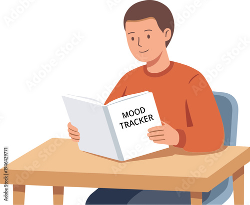 A man sits at a desk reading a mood tracker journal indoors.