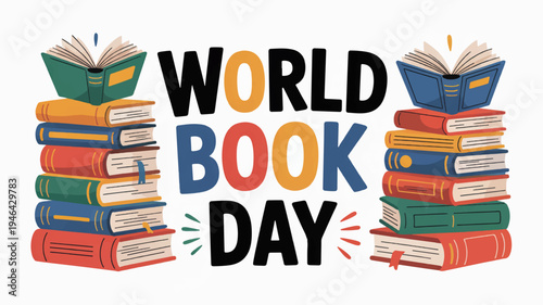 World book day celebration with stacked books and open textbooks on white background