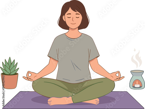 Woman meditates peacefully on yoga mat with potted plant and aromatherapy