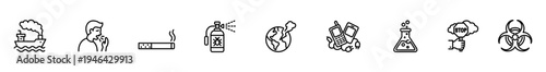 Industrial pollution smoking toxic spray climate damage chemical lab nuclear danger biohazard symbol linear icon outline style environmental concept Industrial pollution icon set with smoking