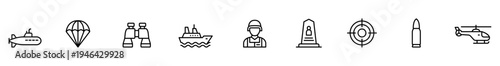 Military icon line art weapon soldier helicopter submarine parachute target bullet vector illustration Military icon set minimalist line art style featuring submarine parachute backpack soldier