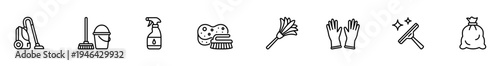 Cleaning icon vacuum broom spray bottle bucket sponge brush duster glove trash bag minimal vector row of household cleaning tool outline symbols simple line design for app web banner