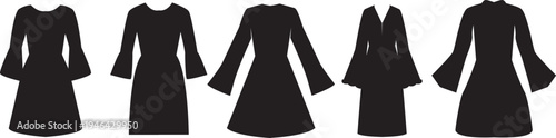 Collection of bell sleeve dress silhouettes isolated on white transparent background.