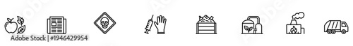 Food waste icon newspaper icon biohazard icon syringe icon glove icon recycling icon compost icon factory icon pollution icon truck icon food waste icon and newspaper icon with biohazard icon