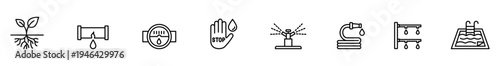 Irrigation icon water conservation drip irrigation sprinkler system smart farming agriculture symbol plant root garden hose pool ladder outline design irrigation icon set captures plant root