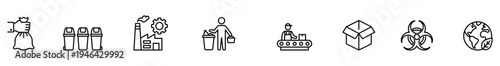 Waste management icon garbage bin icon factory pollution icon worker cleaning icon conveyor belt icon cardboard box icon biohazard symbol icon earth globe icon linear outline environmental concept