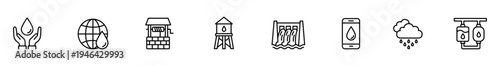 Water care icon globe water icon water well icon water tower icon water radiator icon water drop icon rain cloud icon gas tank icon outline symbol collection showing clean water care and energy