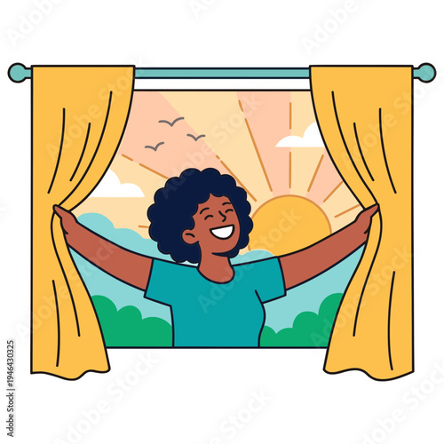 Woman opens curtains to reveal sunny landscape with birds flying outside window