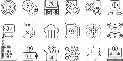 Collection of flat design finance and technology icons isolated on transparent background