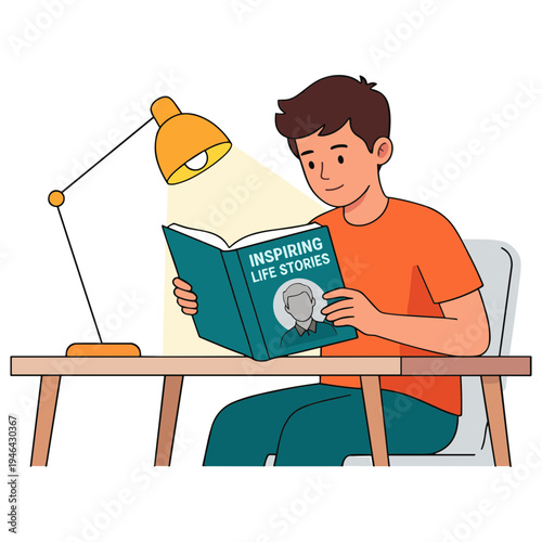 A man sits at a desk reading an inspiring book under a lamp indoors.