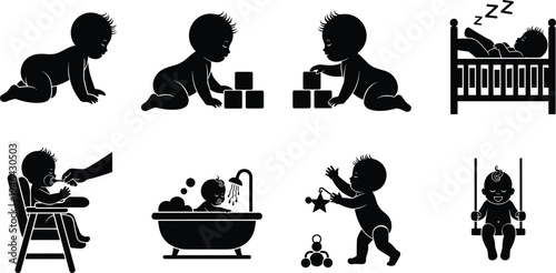 Baby activity silhouette collection showing crawling, playing blocks, eating in high chair, bathing, sleeping in crib and toddler toys isolated black vector icons set