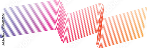 Abstract symmetrical design of parallel curved lines twisting at center with rainbow gradient from purple to orange