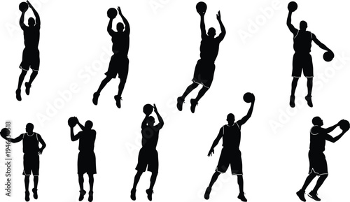 "Collection of nine basketball silhouettes showing athletes dribbling, shooting, passing, and jumping, representing sports, fitness, competition, teamwork, and athletic motion"