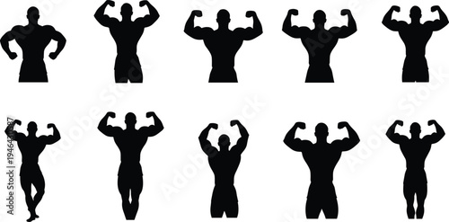 "Collection of ten bodybuilding silhouettes showing muscular poses including flexing, standing, and strength stances, representing fitness, physique, competition, training, and athletic power"