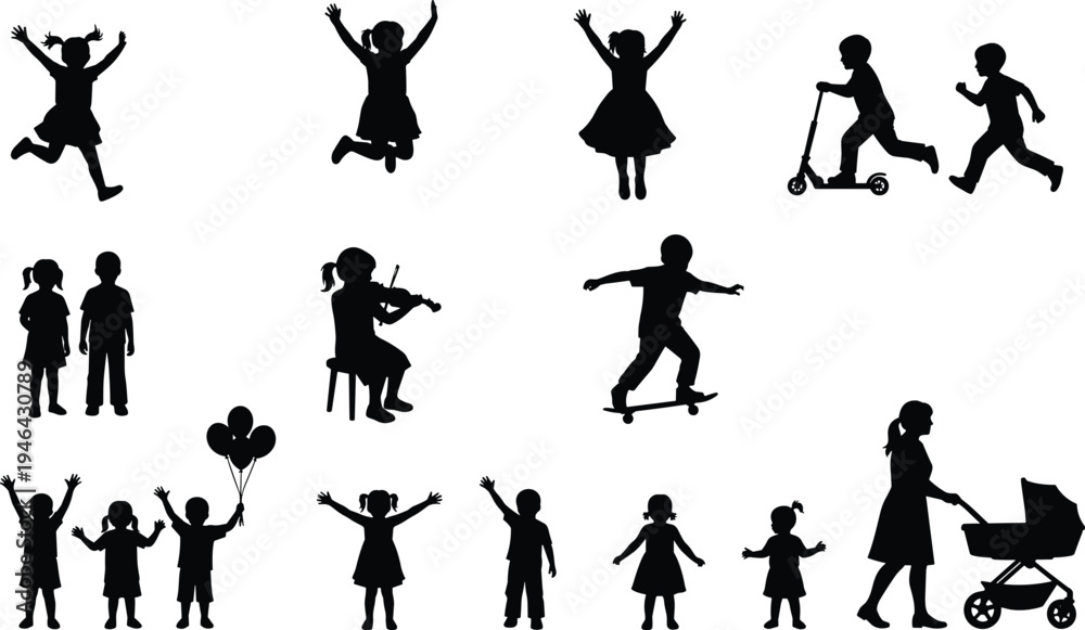 Obraz premium child silhouette, adult silhouette, playing children, jumping kids, scooter rider, skateboarder child, violin player, balloon fun, baby stroller, family activity, outdoor play, everyday life.