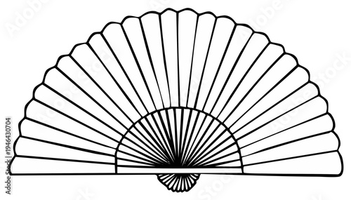 Open Fan Black and White Line Drawing Elegant Cooling Device Paper Decoration Oriental Design