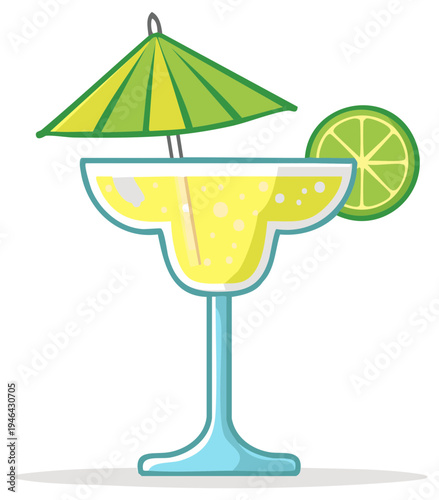 Refreshing vector margarita cocktail with lime slice and festive paper umbrella illustration