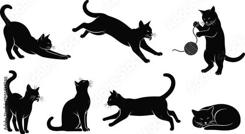 Cat silhouettes collection showing playful jumping stretching sitting and sleeping cats isolated on white background domestic pet animal vector illustration set