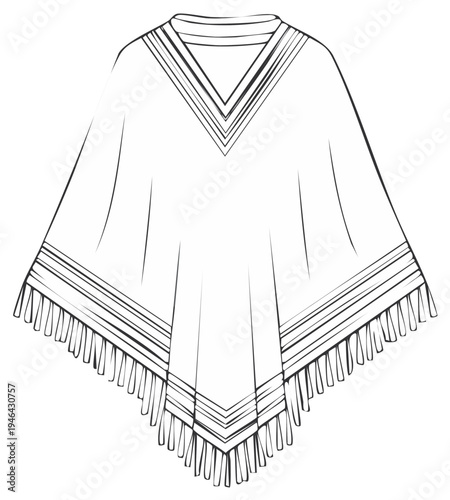 Poncho Drawing with Fringe Edges, Traditional Apparel Sketch, Ethnic Cloak Illustration, Garment Design